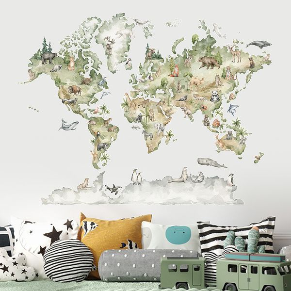 Wall stickers featuring watercolor world maps with wildlife designs for kids' room decor