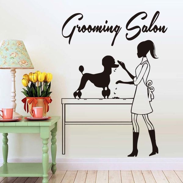 Wall stickers for pet grooming salons featuring removable vinyl decals of dogs for window decoration