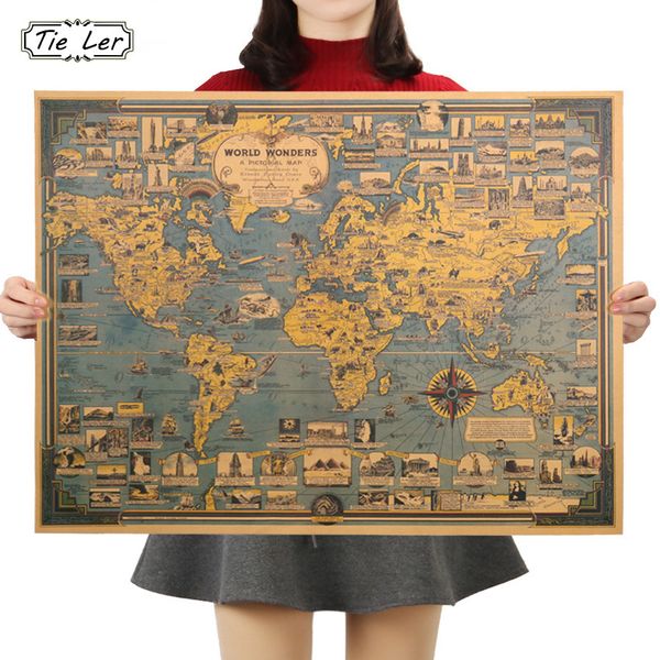 Wall Stickers TIE LER Vintage Blue Kraft Paper World Map Poster with Great Buildings for Bar Cafe Decor 685X515cm