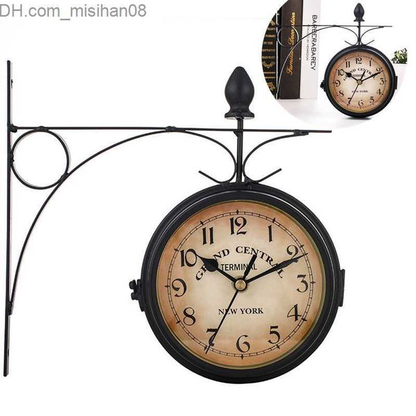 Wall-mounted antique cast iron double-sided circular station clock pendant lamp with retro design