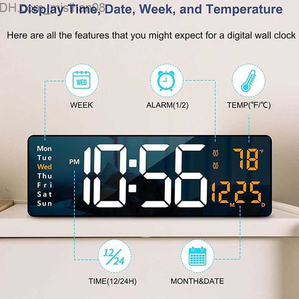 Wall-mounted digital clock with remote, large display showing temperature, date, week, dual alarm, and powered operation