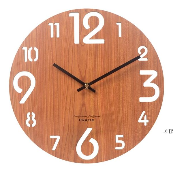 Wall-mounted wooden 3D clock with modern Nordic design, perfect for kids' rooms, kitchens, or home decor as a stylish hollow timepiece measuring 12 inches
