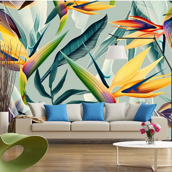 Wallpapers featuring Southeast Asian tropical landscapes with 3D stereo pastoral colors and leaf motifs for bedroom or restaurant murals