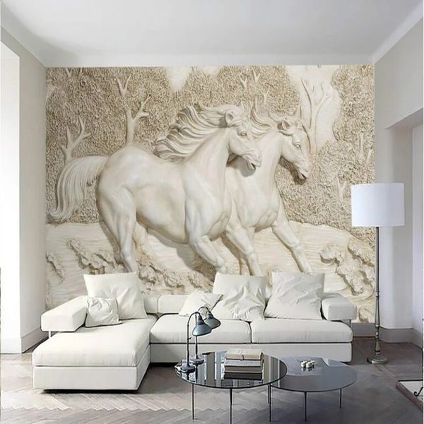 Waterproof modern 3D white horse wallpaper for contemporary living room decor