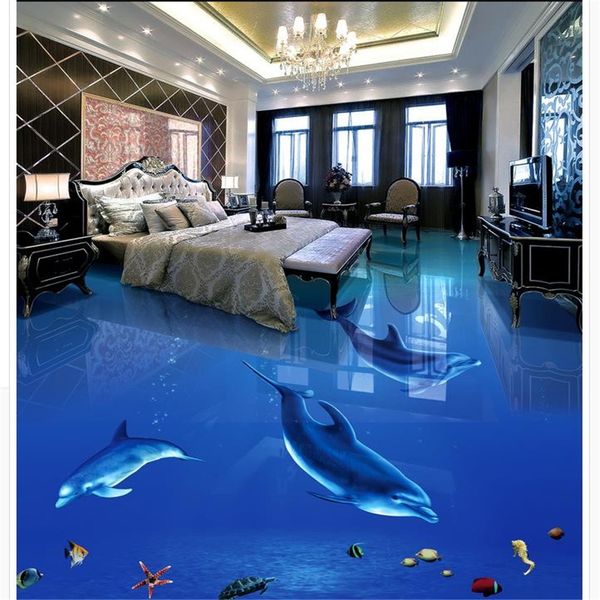 Waterproof PVC 3D floor wallpaper for bathrooms featuring custom dolphin designs with self-adhesive backing