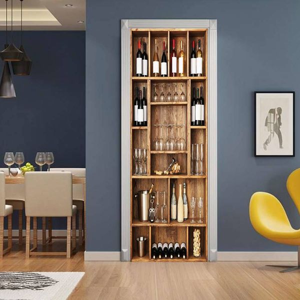 Waterproof self-adhesive 3D wallpaper for home decor, featuring wine cabinet art for living room walls