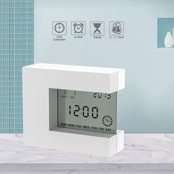White electronic LCD desk clock with calendar, alarm, thermometer and timer functions, battery-powered model LJ200827