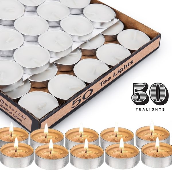 White unscented tea light candles for travel, decorative wedding centerpieces, with a 4-hour burn time, made of pressed wax, sold in bulk packs of 50