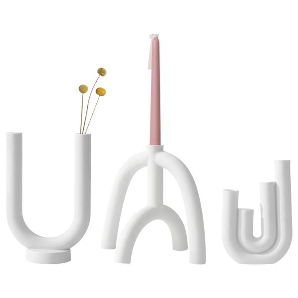 White U-shaped ceramic candle holders for modern taper candles, stylish tube vases perfect for Nordic home decor and wedding centerpieces