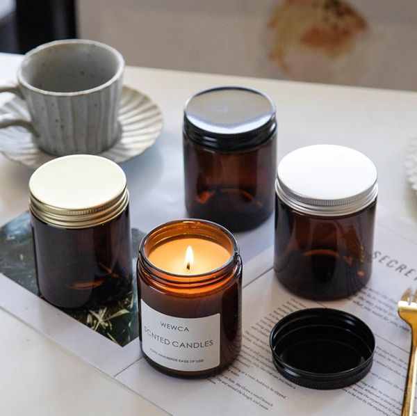 Wholesale 100ml and 250ml brown glass candle jars with wide openings for DIY aromatherapy and homemade projects, product code SN1994