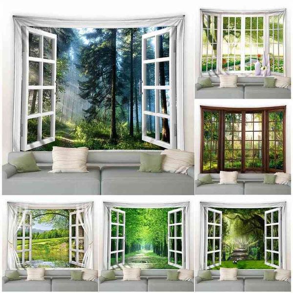 Window tapestry depicting a forest scene with green trees and spring plants in natural landscapes