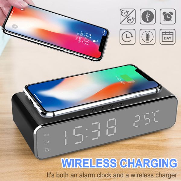Wireless charging digital alarm clock with HD mirror display, date, and thermometer