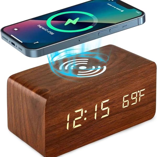 Wireless charging wooden desk clock with LED display, thermometer, and humidity sensor