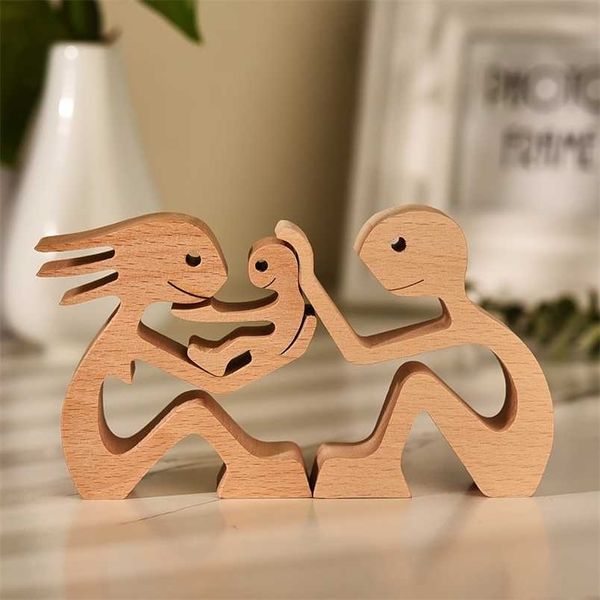 Wooden figurine set of three for home or office decor, a family-themed housewarming or anniversary gift