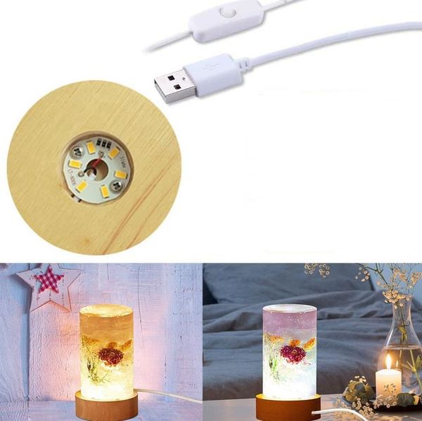 Wooden LED lamp base with rotating crystal glass resin art display stand