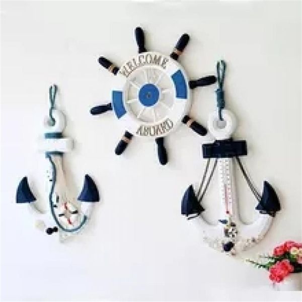 Wooden Mediterranean-style nautical wheel, anchor, and rudder decor for home or party hanging display