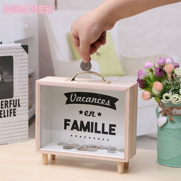 Wooden piggy bank for storing coins and cash, featuring a transparent vintage design with letter stand for home or desktop decoration and organization
