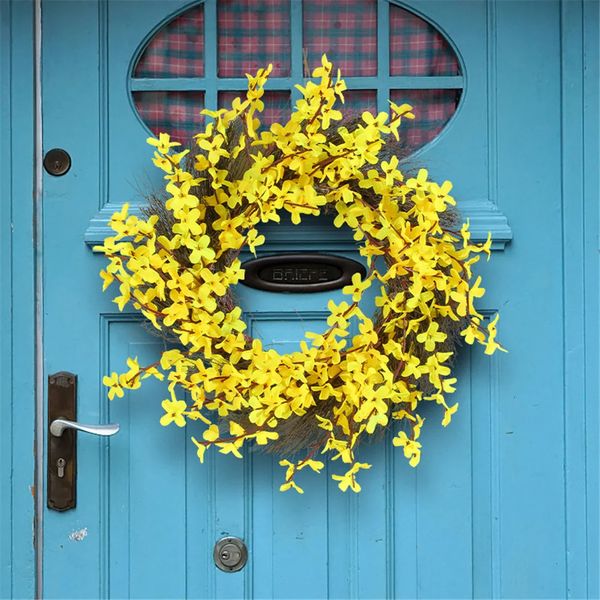 Yellow jasmine wreath for spring front door, a blossoming floral cluster perfect for farmhouse wall and window decor