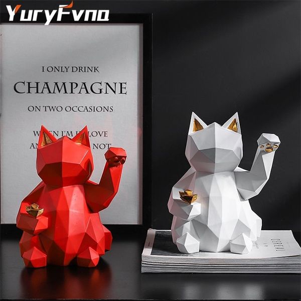 YuryFvna's Geometric Animal Statue Lucky Cat Figurine for Feng Shui, Career Success, Fortune, and Health